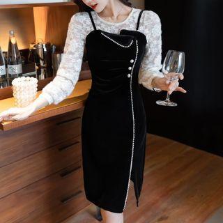 Long-sleeve Embellished Lace Panel Sheath Dress