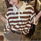 Elbow-sleeve Striped Polo Shirt Stripe - Coffee - One Size