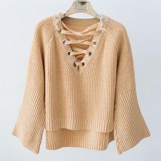 V-neck Bow Long-sleeve Knit Sweater