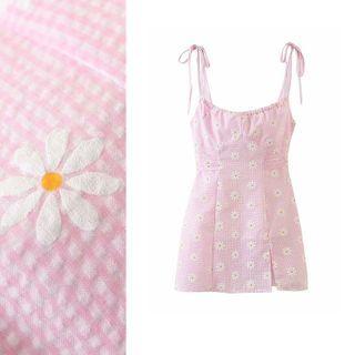Tie-strap Daisy Print Slit Mini Dress