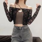 Set: Long-sleeve Lace Top + Asymmetrical Camisole Top