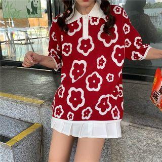 Flower Pattern Elbow-sleeve Knit Top