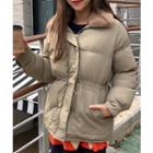 Faux-fur Collar Padded Jacket Khaki - One Size