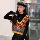 V Neck Color-block Sweater As Shown In Figure - One Size