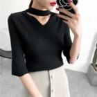 Choker-neck Elbow-sleeve Knit Top