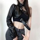 Asymmetrical Cutout Buckled Faux Leather Crop Top