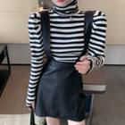 Long-sleeve Striped Turtleneck Top / Faux Leather Mini A-line Suspender Skirt