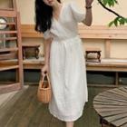 Puff-sleeve V-neck Perforated Dress