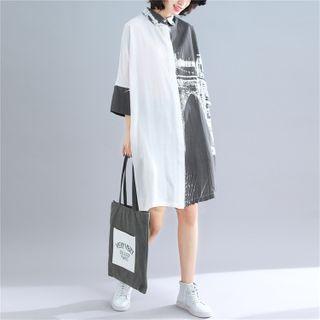 Elbow-sleeve Bridge Print Shirtdress