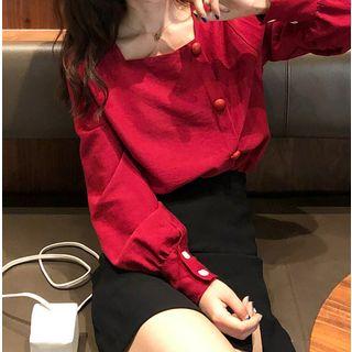 Long-sleeve Buttoned Square-neck Top