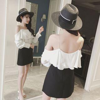 Off Shoulder Long Sleeve Chiffon Blouse