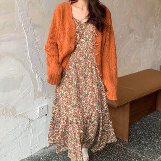 Scalloped-edge Cardigan / Spaghetti Strap Floral Print Midi A-line Dress