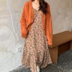 Scalloped-edge Cardigan / Spaghetti Strap Floral Print Midi A-line Dress