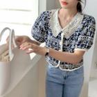 Short-sleeve Flower Embroidered Shirt Flower Embroidery - Dark Blue - One Size