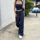 Square-neck Plain Crop Tank Top / Drawstring Low-waist Jogger Pants