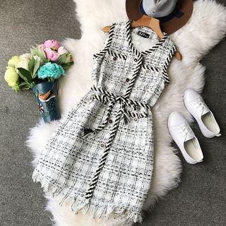 Contrast Trim Sleeveless Plaid A-line Dress