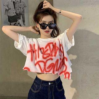 Asymmetric-hem Loose-fit Printed T-shirt White - One Size