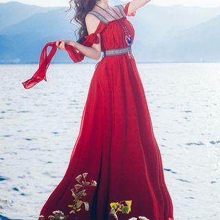 Tie-front Embroidered Sleeveless Maxi Dress