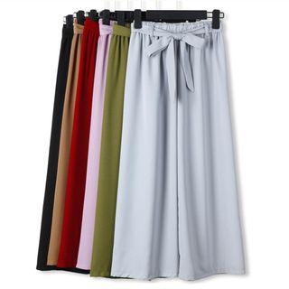 Tie-waist Plain Wide-leg Pants