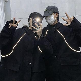 Reflective Contrast Trim Hooded Zip Jacket
