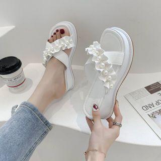 Platform Wedge Faux Pearl Frill Trim Slide Sandals