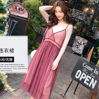 Set: Crew-neck Long-sleeve Knit Dress + V-neck Mesh Spaghetti Strap Dress