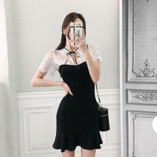 Tie-neck Lace-panel Ruffled Dress