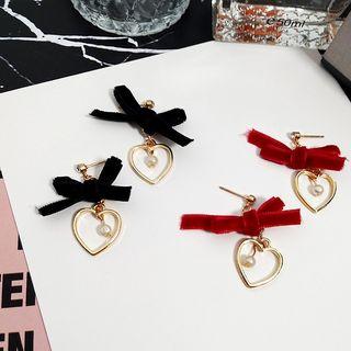 Velvet Bow Accent Heart Drop Earrings