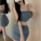 Set: Denim Camisole Top + Mini Skirt