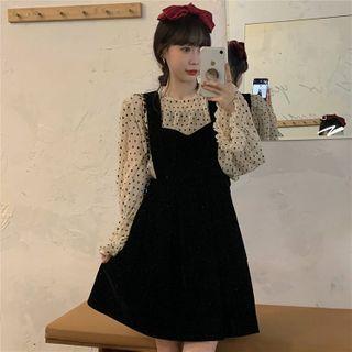 Flared-cuff Dotted Blouse / Overall Dress