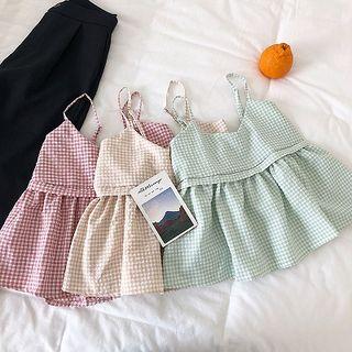 Color-block Plaid V-neck Ruffled-trim Sleeveless Top
