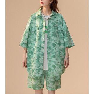 Set: Elbow-sleeve Patterned Oversized Shirt + Shorts