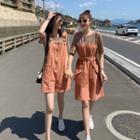 Short-sleeve T-shirt / Wide-leg Dungaree Shorts / Mock Two-piece Elbow-sleeve Paneled A-line Dress / Set