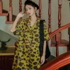 Elbow-sleeve Leopard Print Shirt Dress