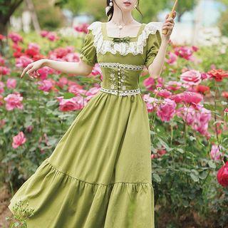 Puff-sleeve Square Neck Lace Ruffled Midi A-line Dress