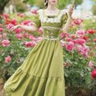 Puff-sleeve Square Neck Lace Ruffled Midi A-line Dress