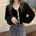 Long-sleeve V-neck Lace Velvet Blouse Black - One Size