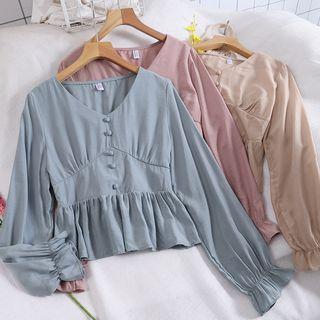 V-neck Plain Lantern-sleeve Blouse