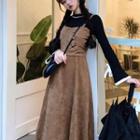 Long-sleeve Mock Neck Knit Top / Spaghetti Strap Midi A-line Dress