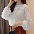 Puff-sleeve Mock-neck Lace Blouse