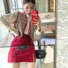 Frilled Long-sleeve Blouse / Floral Vest / Frog Buttoned Skirt