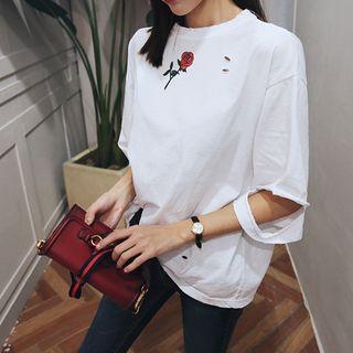 Rose Print Distressed Cotton T-shirt