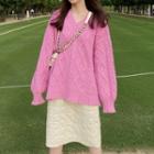 Plain V-neck Cable-knit Long-sleeve Sweater / High-waist Plaid Faux Leather Skirt