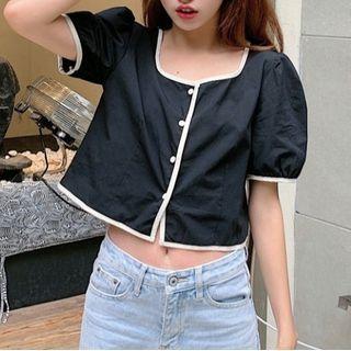 Square-neck Contrast-trim Puff Short-sleeve Blouse