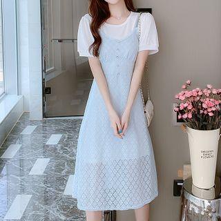 Set: Short-sleeve Knit Top + Spaghetti Strap Midi A-line Dress