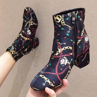 Printed Block Heel Short Boots