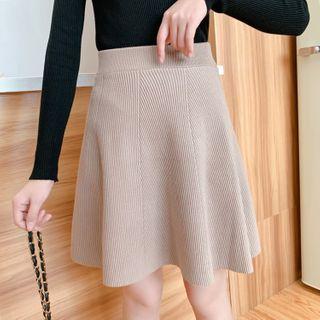 Plain High-waist Knit Mini A-line Skirt