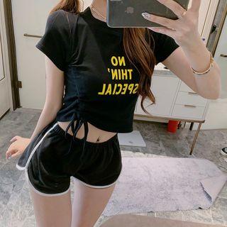 Letter Print Short Sleeve Drawstring Cropped Top / Contrast Trim Hot Pants