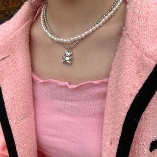 Set: Bear Necklace + Faux Pearl Necklace Silver & White - One Size