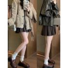Furry Jacket / Faux-leather Loose Jacket / Pleated Mini Skirt